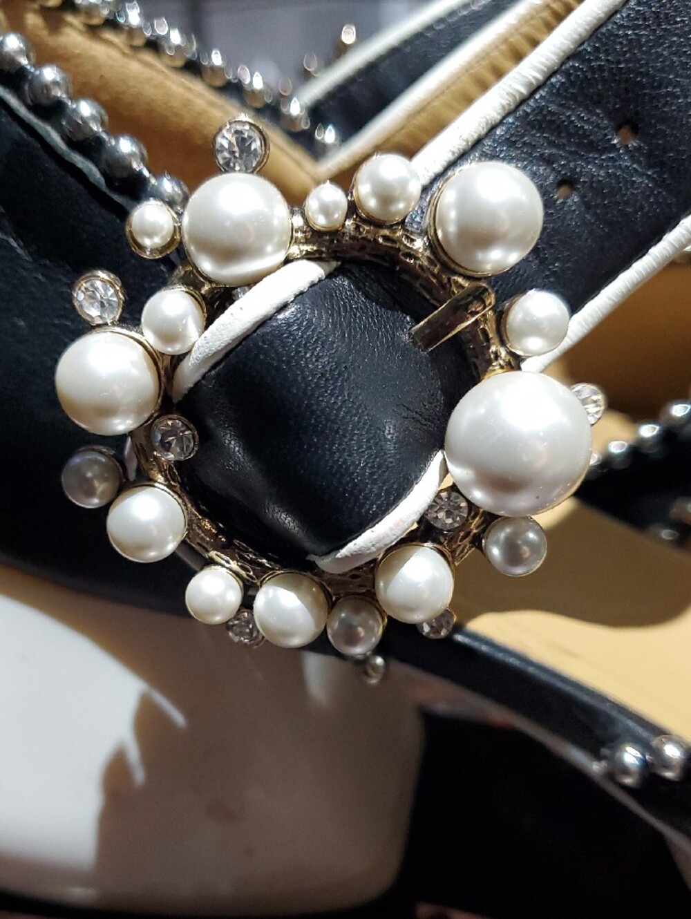 John Fluevog Black White Pearl-Embellished Leather Heels W Studs Platform Chunky - Picture 7 of 15